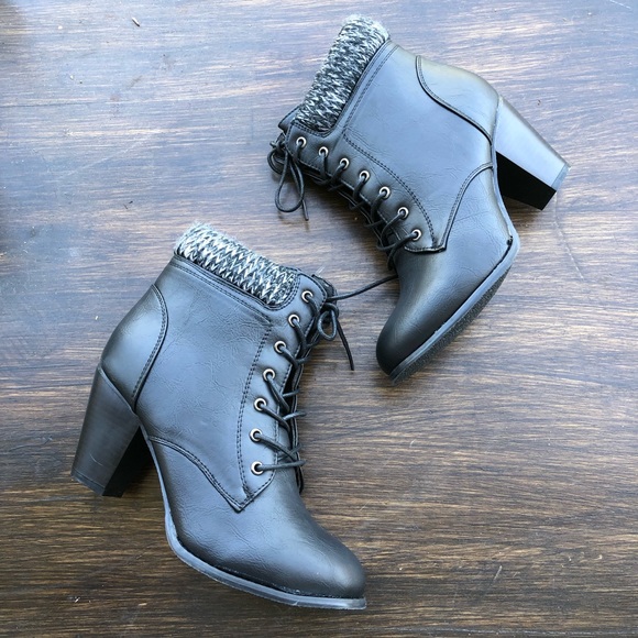 boutique Shoes - Black Lace Up Combat Bootie Chunky Heel Knit Ankle